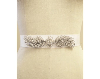 Vintage Bridal Grossgrain and Rhinestone feather Bridal Sash
