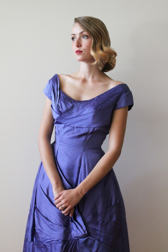 Vintage 1960's Violet / Blue Satin Party Dress wi… - image 5