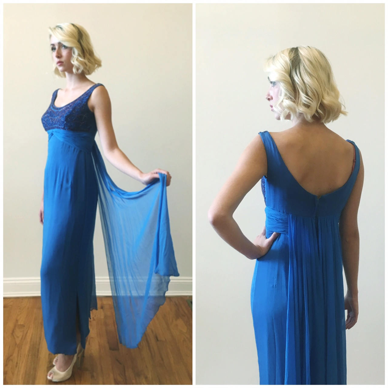 blue silk evening gown