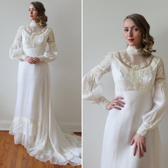 Vintage 1970s Long Bishop Sleeve Boho Wedding Dres