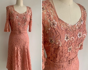 Vintage 1940s Coral Lace Dress with Sequin and Beaded Details