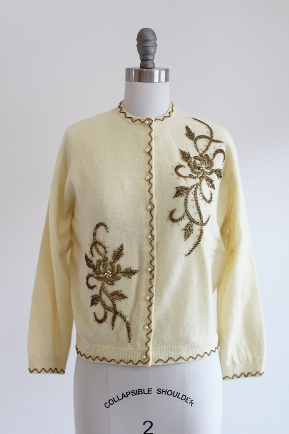 Vintage 1970s Pale Yellow Sweater with Gold and Br