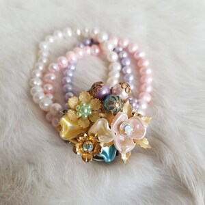 Upcycled pastel Freshwater Pearl Bracelet with vintage earring clasp