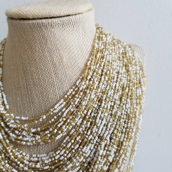 Vintage 1960s-70s Gold and White tone Beaded Stat… - image 2