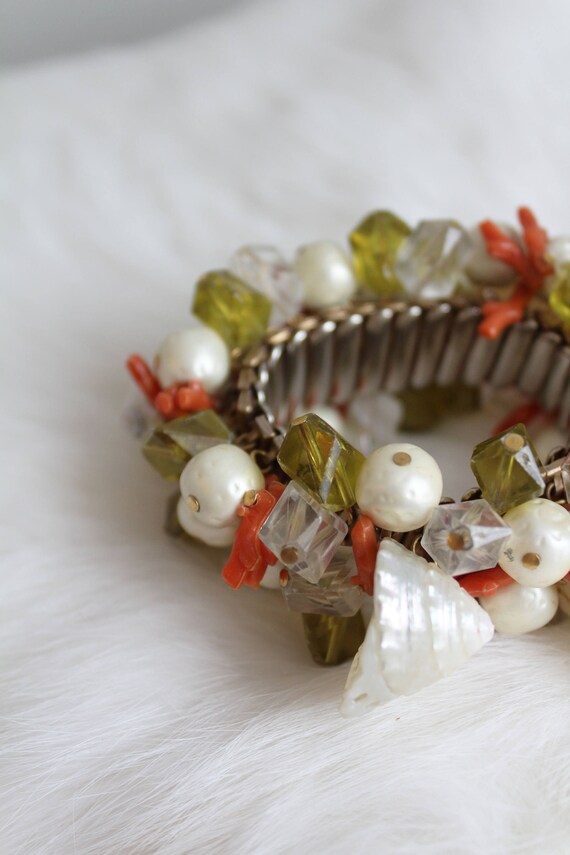 Vintage Shell Pearl Coral Bead Expandable Stateme… - image 7