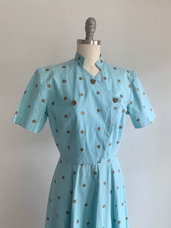 Vintage 1950's Blue and Gold Polka Dot Day Dress … - image 3