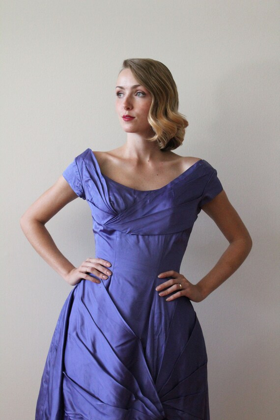 Vintage 1960's Violet / Blue Satin Party Dress wi… - image 3