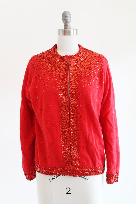 Vintage Mid Century Red Sweater with Red Sequin De