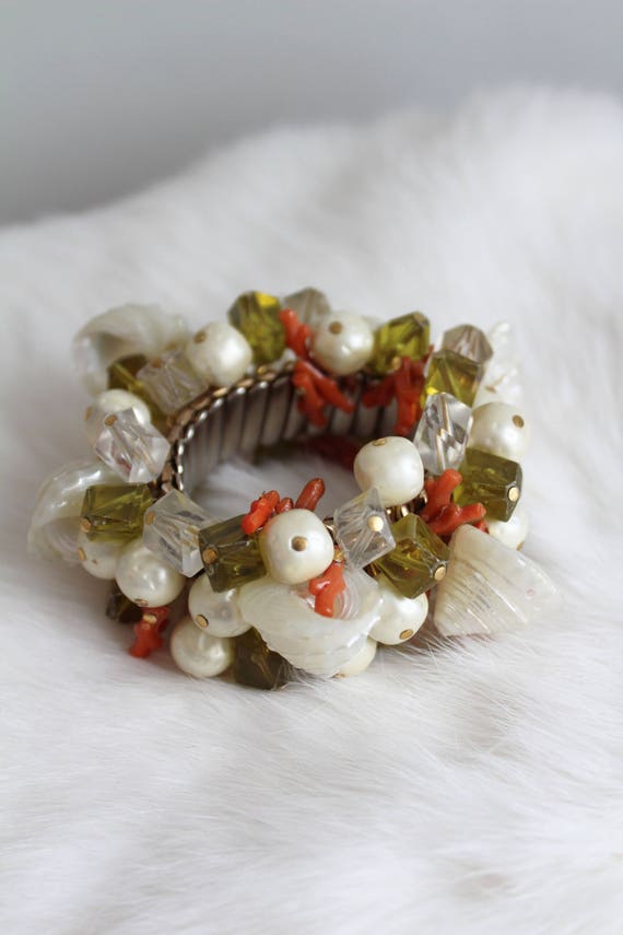 Vintage Shell Pearl Coral Bead Expandable Stateme… - image 1