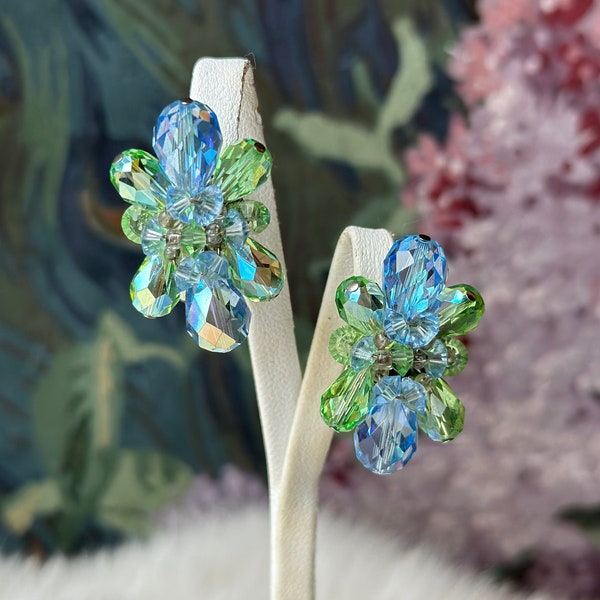 Vintage Signed Vendome 1960s Green and Blue Crystal Clip-on Statement Earrings in Cluster Design