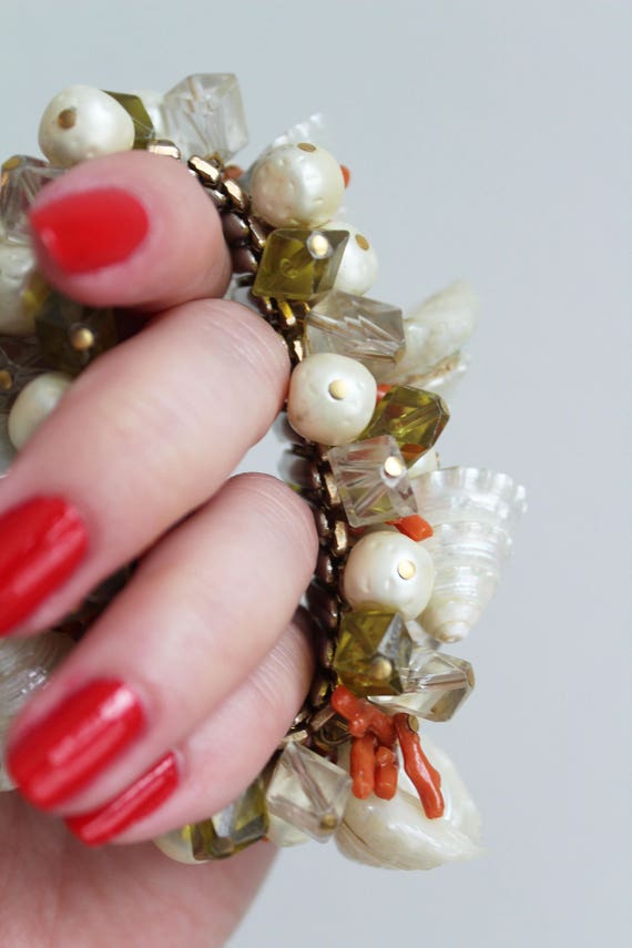 Vintage Shell Pearl Coral Bead Expandable Stateme… - image 6