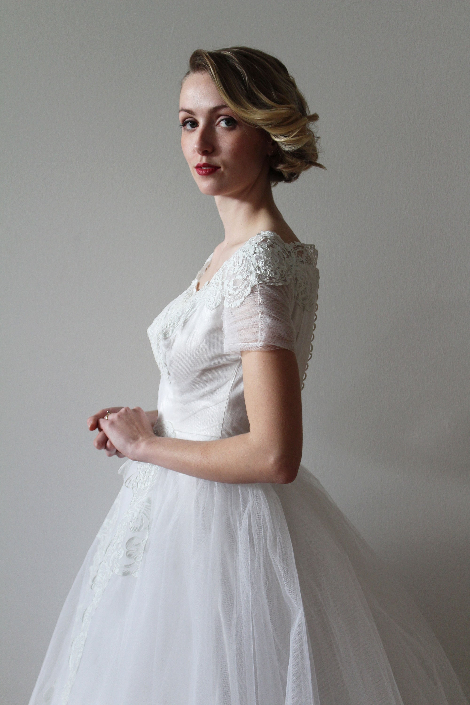 off the shoulder 50s wedding dress 1950s Tea Length Wedding Dress Corset Off Shoulder