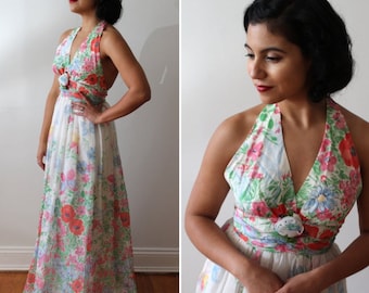 Vintage 1970s Deadstock Wildflower and Butterfly Cotton Maxi Dress