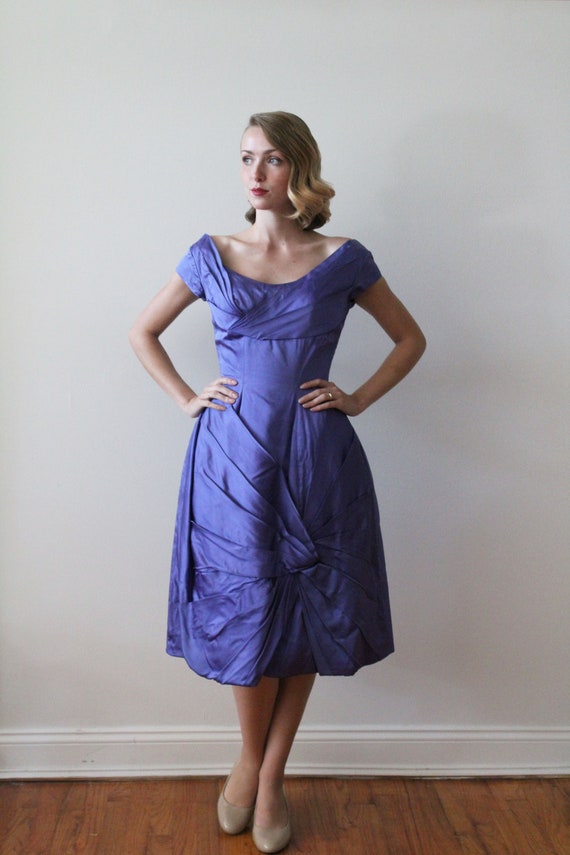 Vintage 1960's Violet / Blue Satin Party Dress wi… - image 2