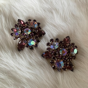 Vintage 1960s Deep Purple and AB Crystal Clip-on Statement Earrings