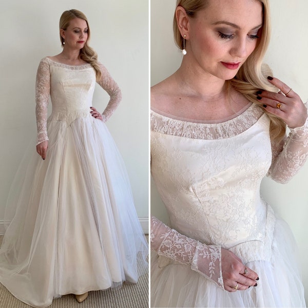 Vintage 1950s Lace Ivory Off-Shoulder Wedding Gown with Drop Waist and Lace Details