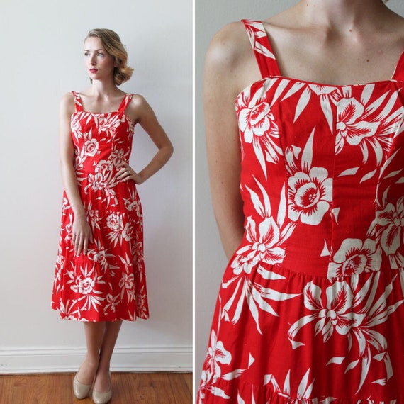 Vintage 1960s - 70s Red Floral Hawaiian Print Dres