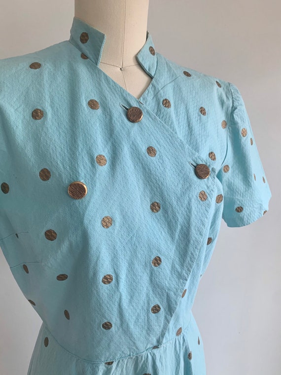 Vintage 1950's Blue and Gold Polka Dot Day Dress … - image 9