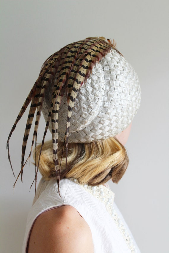 Vintage Woven Silver Hat with Pheasant Feather De… - image 6