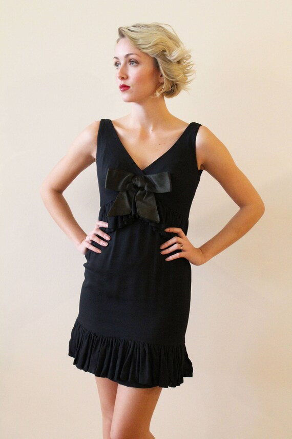 Vintage 1960s Black Mini Dress with Satin Bow Det… - image 3