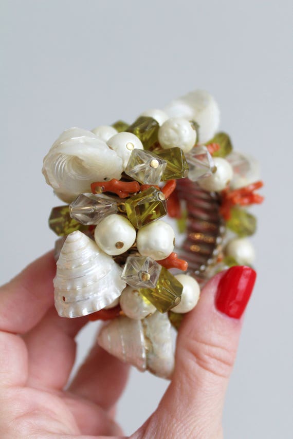 Vintage Shell Pearl Coral Bead Expandable Stateme… - image 3