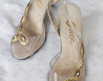 Vintage Clear Strappy Peep Toe High Heels with Gold and Silver Sequin Details Size 5.5
