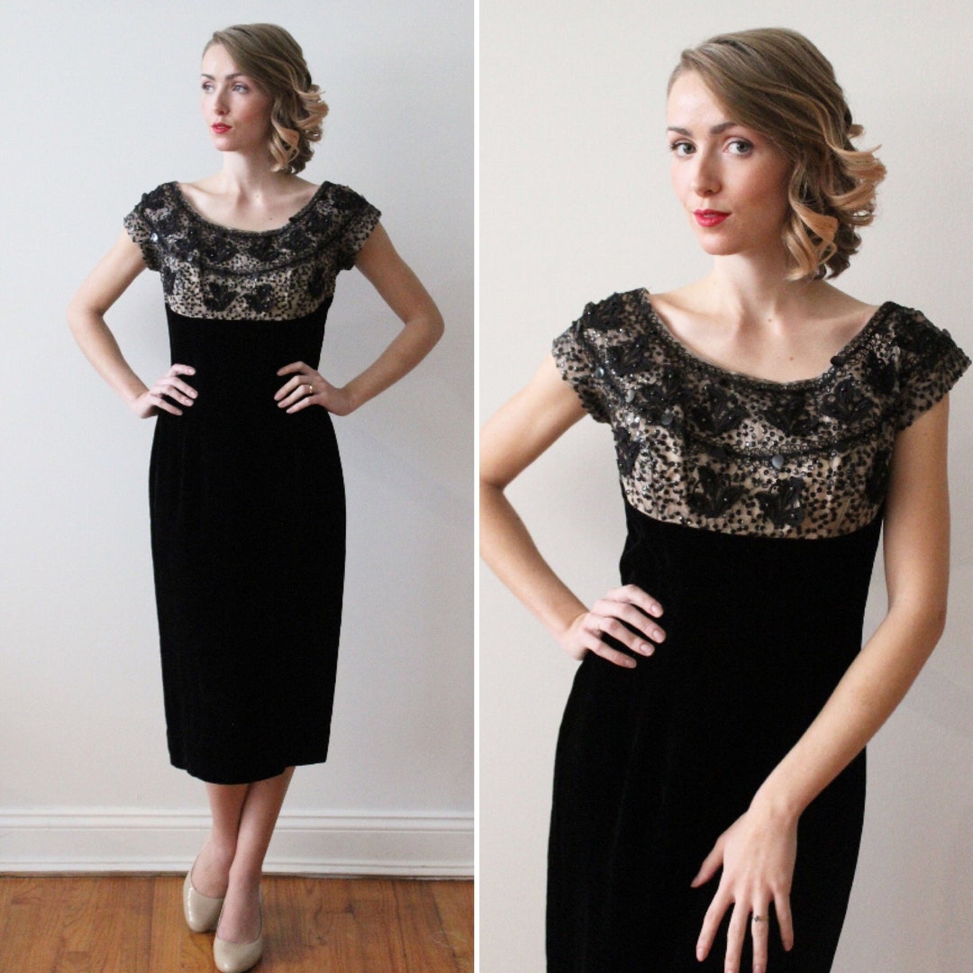 Vintage 1950s 60s Short Sleeved Black Velvet Party Dress - Etsy
