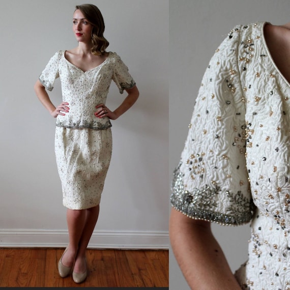 Vintage 1980s Short Sleeve Beaded Party Dress - image 1