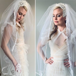 Vintage 1960s Lace Applique Edge Veil with Headpiece and Blusher