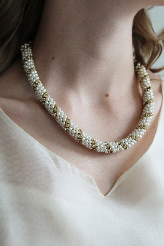 Vintage Faux Pearl and Crystal Necklace - image 5