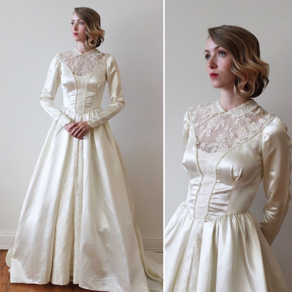 Vintage 1940s Slipper Satin Long Sleeved Wedding Dress with | Etsy