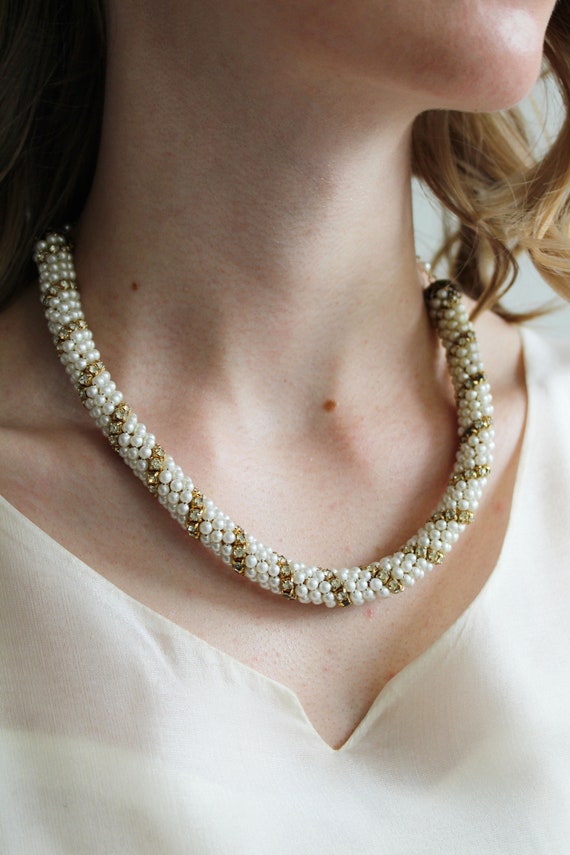 Vintage Faux Pearl and Crystal Necklace - image 1