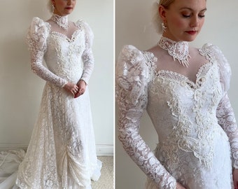 Vintage 1990s Long Sleeve Lace Wedding Gown with Illusion Neckline and Pearlescent Beading