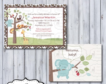 Custom Treetop Buddies Baby Shower Invitation | Tree Top Buddies Nursery by Lambs & Ivy | Printable or Printed | Jungle Safari Elephant Lion