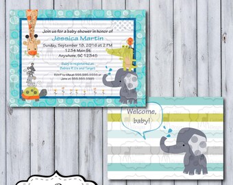 Custom Yoo-Hoo Baby Shower Invitation | Yoo-Hoo Nursery by Lambs & Ivy | Printable or Printed | Personal Use | Elephant Monkey Griaffe