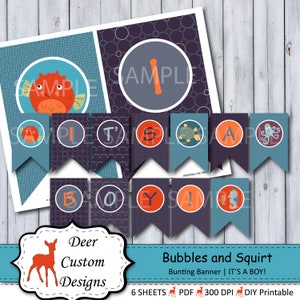 Burbujas y chorro ¡Es un niño! Bunting Banner / Bubbles and Squirt Nursery / DIY Printable / Solo uso personal / Descarga instantánea / Ocean