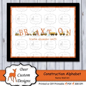 Personalized Construction Boy's Wall Art Construction Wall Art Printed or DIY Printable Diggers Trucks Construction Site Vehicles image 1