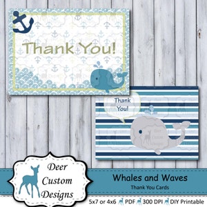 Whales and Waves Thank You Cards Whales and Waves Nursery DIY Printable Postcard or Folded Instant Download Whales Waves Nautical image 1