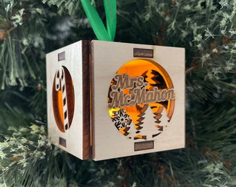 Wooden LED Christmas Ornament Lantern Box | Personalized Tea Light Laser Engraved Keepsake Baubles | Kid, Grandkid, Corporate Gift