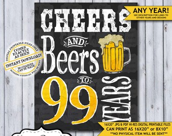 Cheers and Beers to 99 Years Chalkboard Poster | Instant Download Man's 99th Birthday Beer Sign | Poster Only