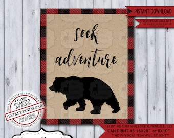 Seek Adventure Lumberjack Nursery Wall Art Poster | Instant Download Bear Rustic Woodland Wilderness Plaid Flannel Sign for a Boy Nursery