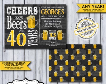 Cheers and Beers to 40 Years | 40th Birthday Invite | Cheers to 40 | Cheers Birthday | Chalkboard Birthday Invite | Beer Party | Man's Party