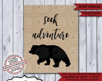 Seek Adventure Lumberjack Nursery Wall Art Poster | Instant Download Bear Rustic Woodland Wilderness Plaid Flannel Sign for a Boy Nursery