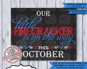 Little Firecracker Chalkboard Pregnancy Announcement Photo Prop | Patriotic Baby Reveal Printable Poster | October Instant Download Sign