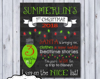 First Christmas Milestone Chalkboard Poster, Baby's 1st Christmas Memory Sign, Any Age Child's Naughty or Nice List Santa Wish Photo Prop