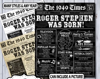 70th Birthday Poster | 70 Years Ago Birthday Newspaper Poster | 1949 Birthday Sign | Printable or Printed Year You Were Born Newspaper Sign