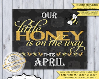 Little Honey Chalkboard Pregnancy Announcement Photo Prop | Spring Bumble Bee Baby Reveal Printable Poster | April Instant Download Sign
