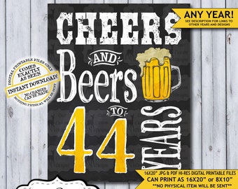 Cheers and Beers to 44 Years Chalkboard Poster | Instant Download Man's 44th Birthday Beer Sign | Poster Only