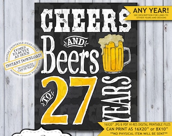 Cheers and Beers 27 Years | 27th Birthday Poster | Cheers to 27 | Cheers Birthday | Chalkboard Birthday Poster | Beer Sign | Man's Birthday