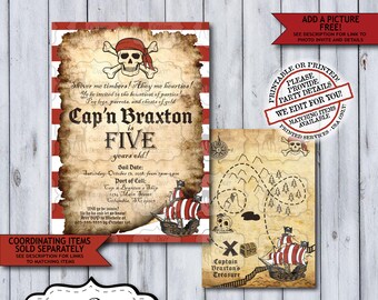 Pirate Birthday Invitation | Ahoy Matey  Pirate Birthday Invite | Any Age Pirate Pool Party | Printed or Printable Skull Treasure Map